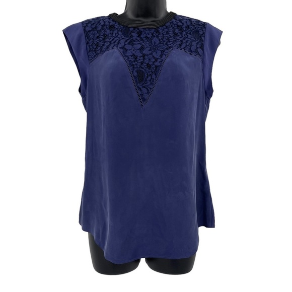 Rebecca Taylor sleeveless lace‎ insert silk blouse blue black women's size 2 S - Picture 1 of 11